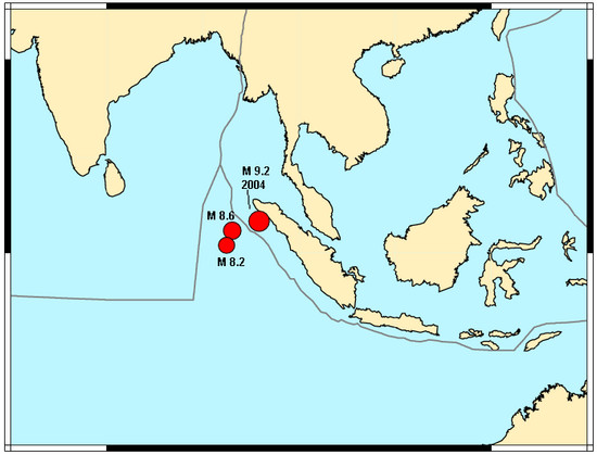 Map showing, in red, epicenters of the M 8.6 and M 8.2 earthquakes of April 11 alongside the epicenter of the M 9.2 earthquake of 2004.